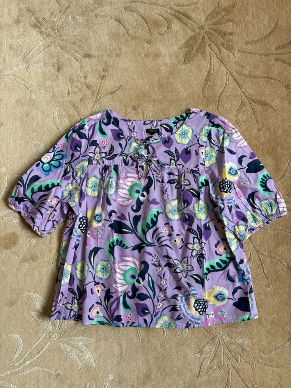 NWT, Talbots Cotton Short Sleeve Tie Front Top, Lavender Jacobean Floral, Size L - Picture 9 of 13